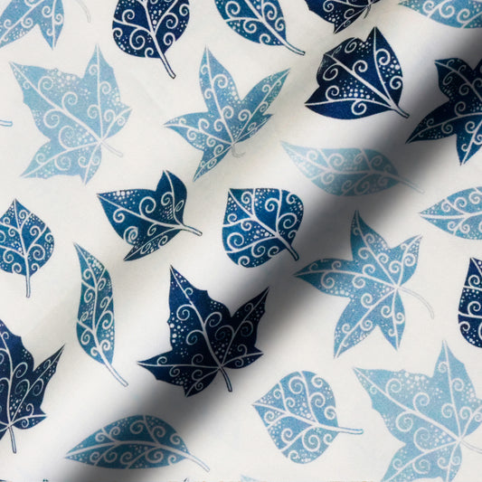 Azure Whisper Fabric– Glacier Leaves Print | Pure Cotton Shirt Fabric For Men